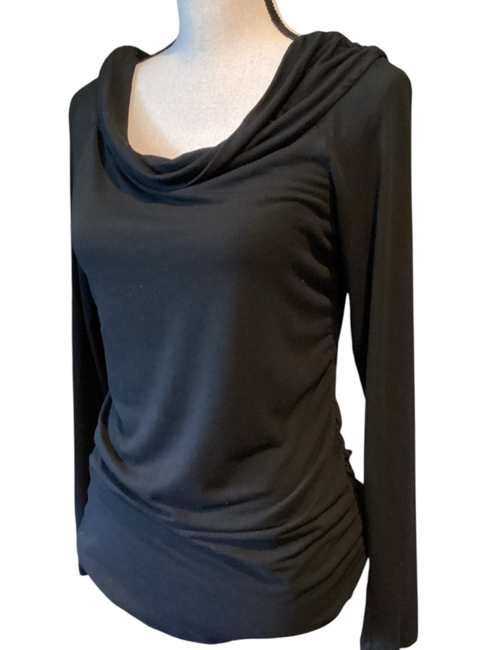 Lafayette 148 New York Black Cowl Neck Ruched Jersey Top Large